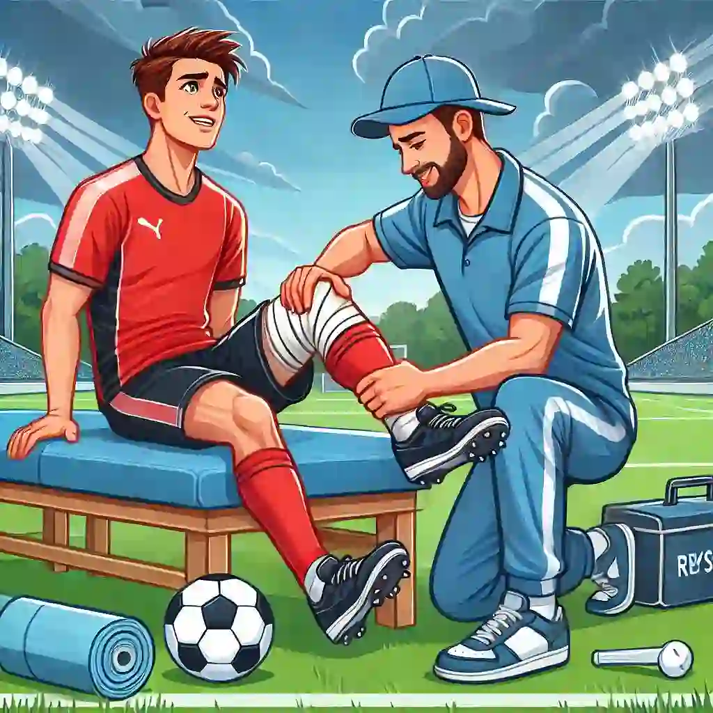 Un jeune joueur de football assis sur un banc se fait soigner par un kinésithérapeute sur le terrain, avec un bandage appliqué sur sa jambe. Illustration sportive montrant une prise en charge médicale rapide lors d’un match de football, avec un ballon et une trousse de secours visibles.