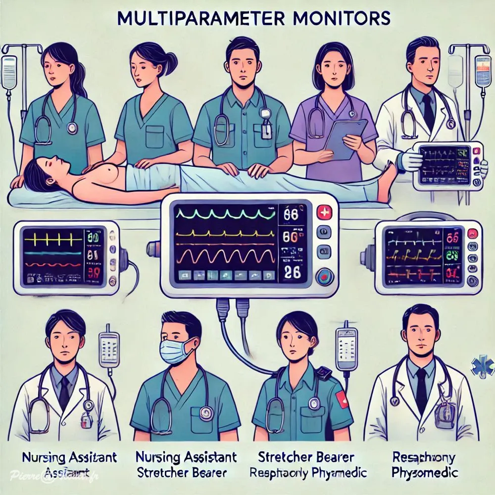 Illustration des moniteurs multiparamétriques utilisés dans les soins médicaux, mettant en avant des professionnels de santé tels que médecins, infirmiers et aides-soignants, avec des écrans affichant des signes vitaux comme le rythme cardiaque et la saturation en oxygène.