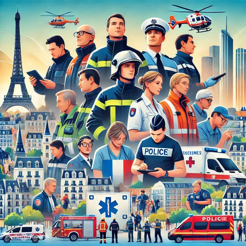 Illustration de professionnels de l'urgence, incluant pompiers, policiers, ambulanciers et personnel médical en action, avec la tour Eiffel en arrière-plan, symbolisant la collaboration des services d'urgence en France.